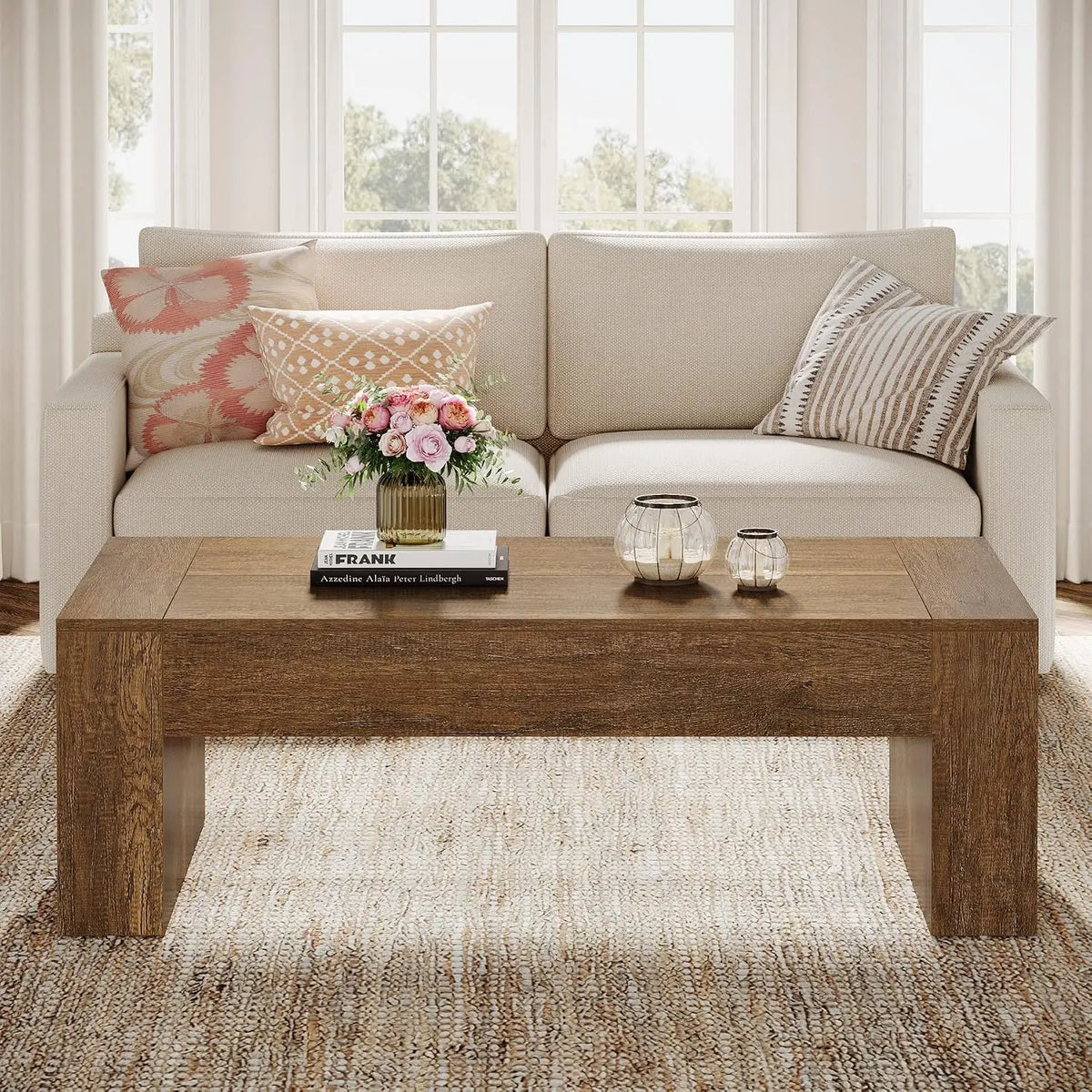 Farmhouse coffee table with sturdy base in rustic brown