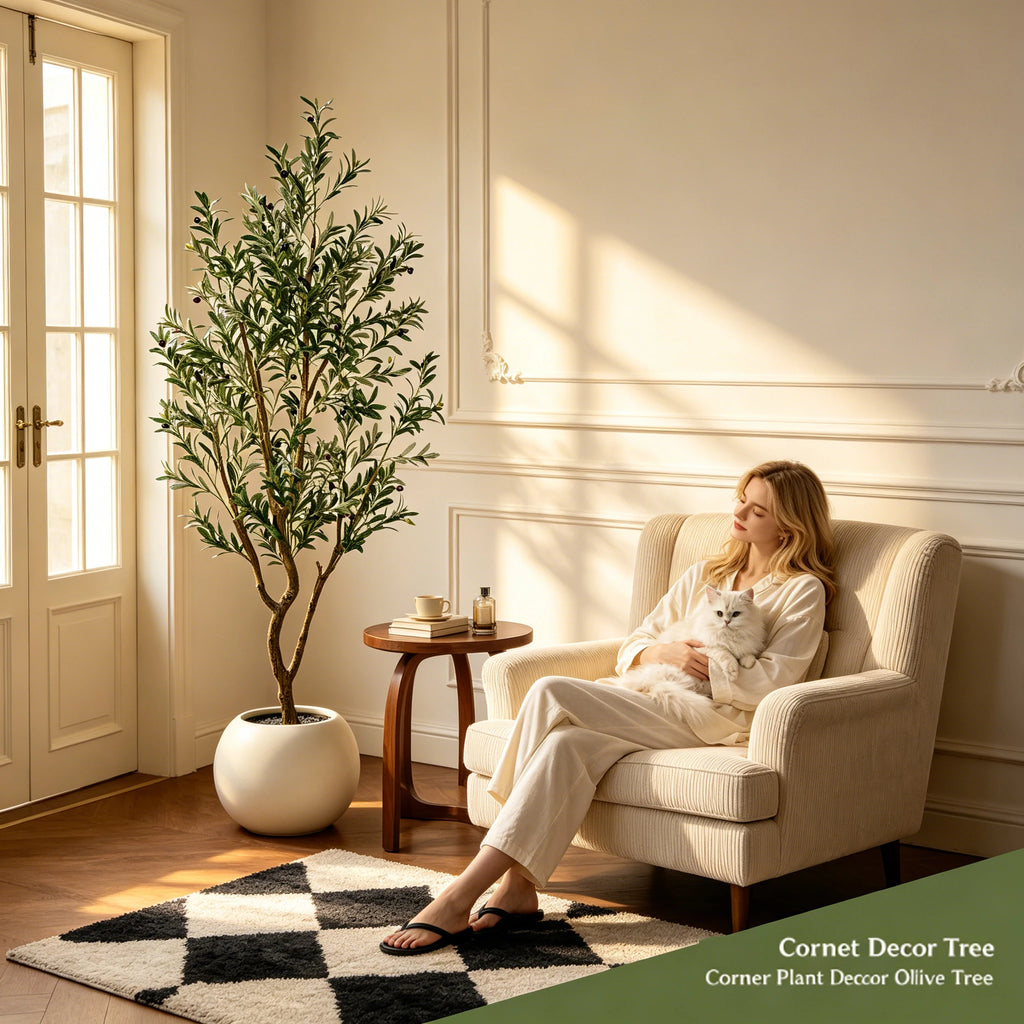 Olive Trees Artificial Indoor, 5.25/6.10/7.10FT Tall Faux Olive Tree with Black Pot, Artificial Plants with Natural Wood Trunk and Lifelike Fruits for Home Office Decor — main view