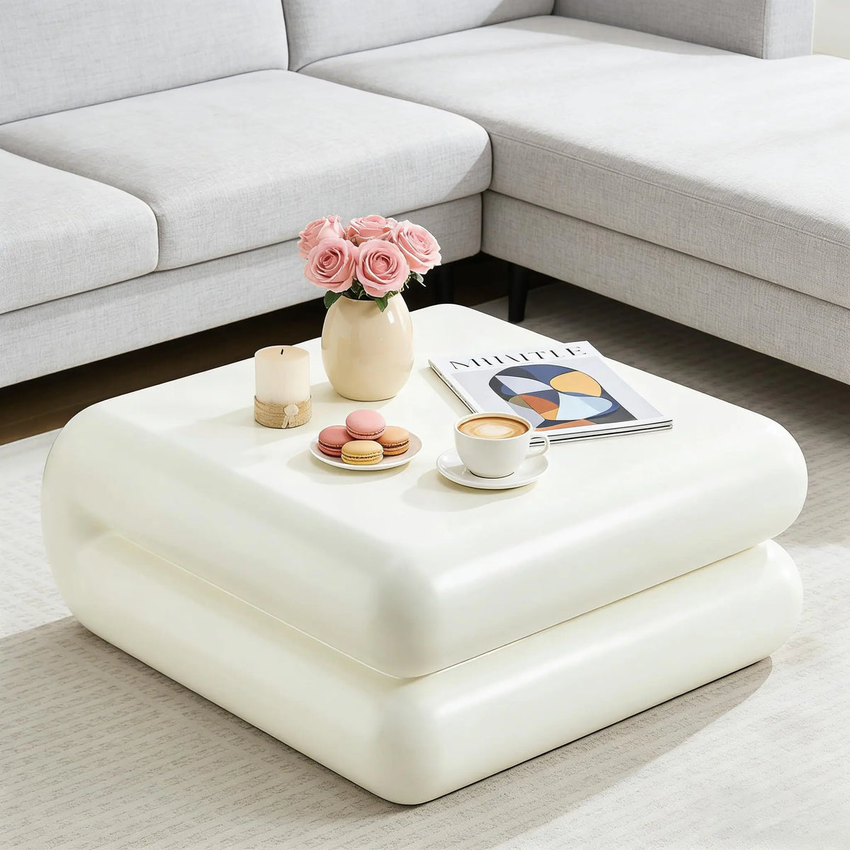 Faux marble round drum coffee table — close-up design detail