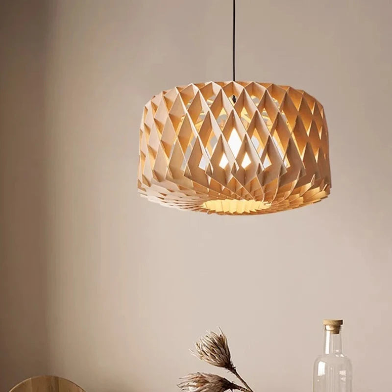 Japanese Style Wooden Birdcage Bar Pendant Light Creative Tatami Lamp Design LED Bedroom Lighting with Shadow Art — alternate view