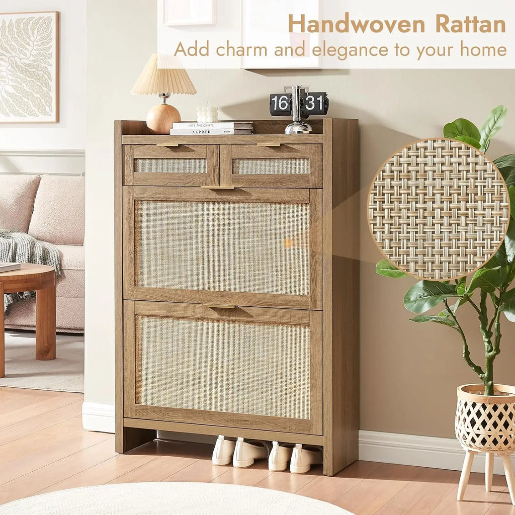 Rattan shoe storage cabinet with flip-front drawers