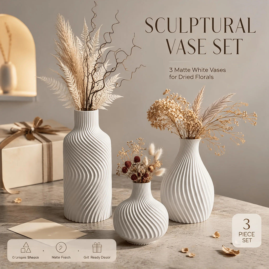 Wavy Swirl 3-Piece Vase Set — Matte Beige