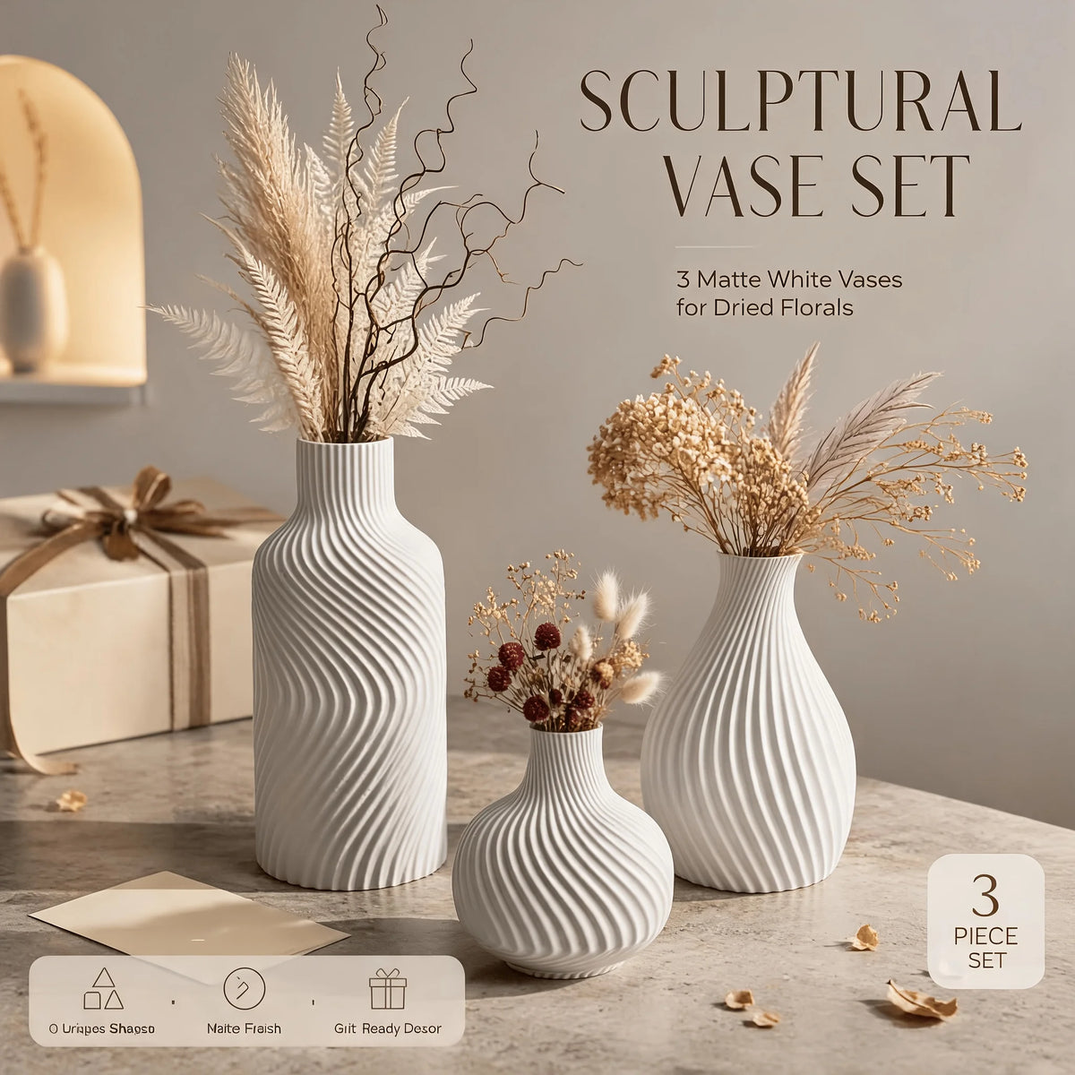 Wavy Swirl 3-Piece Vase Set — Matte Beige