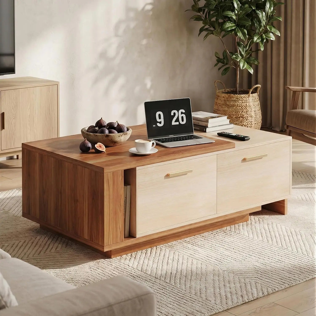 Extendable two-tone coffee table with sliding top and drawers
