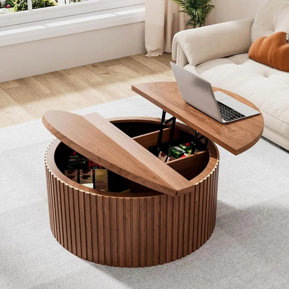 Fluted round coffee table with wood drum base and storage