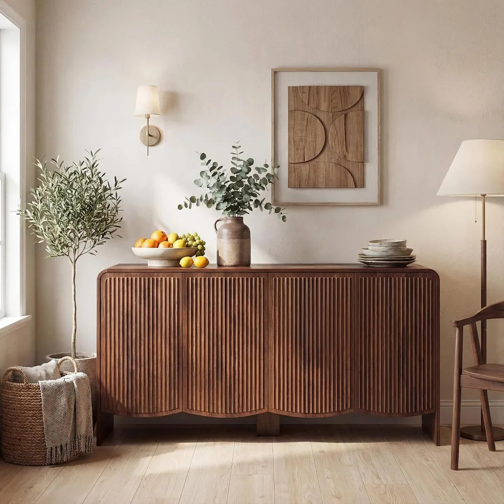 Fluted Sideboard Buffet Cabinet — 58" Curved Storage Cabinet