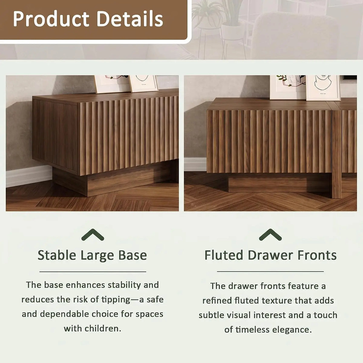 Fluted walnut TV stand, 98 inches, in a living room setting