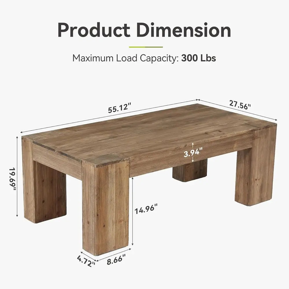 Sturdy wooden coffee table with thick legs in brown finish