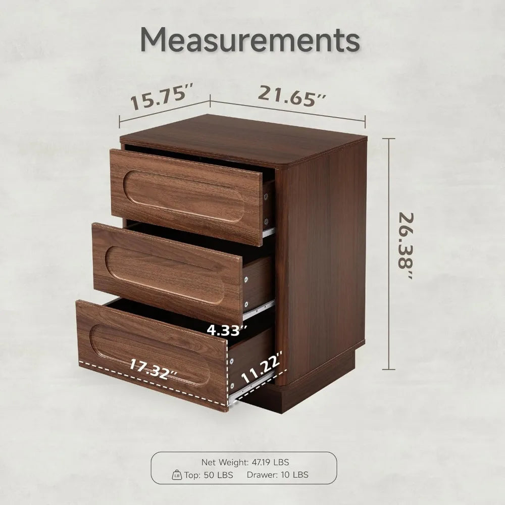 Mid-Century 3-Drawer Nightstand — Push-to-Open Walnut