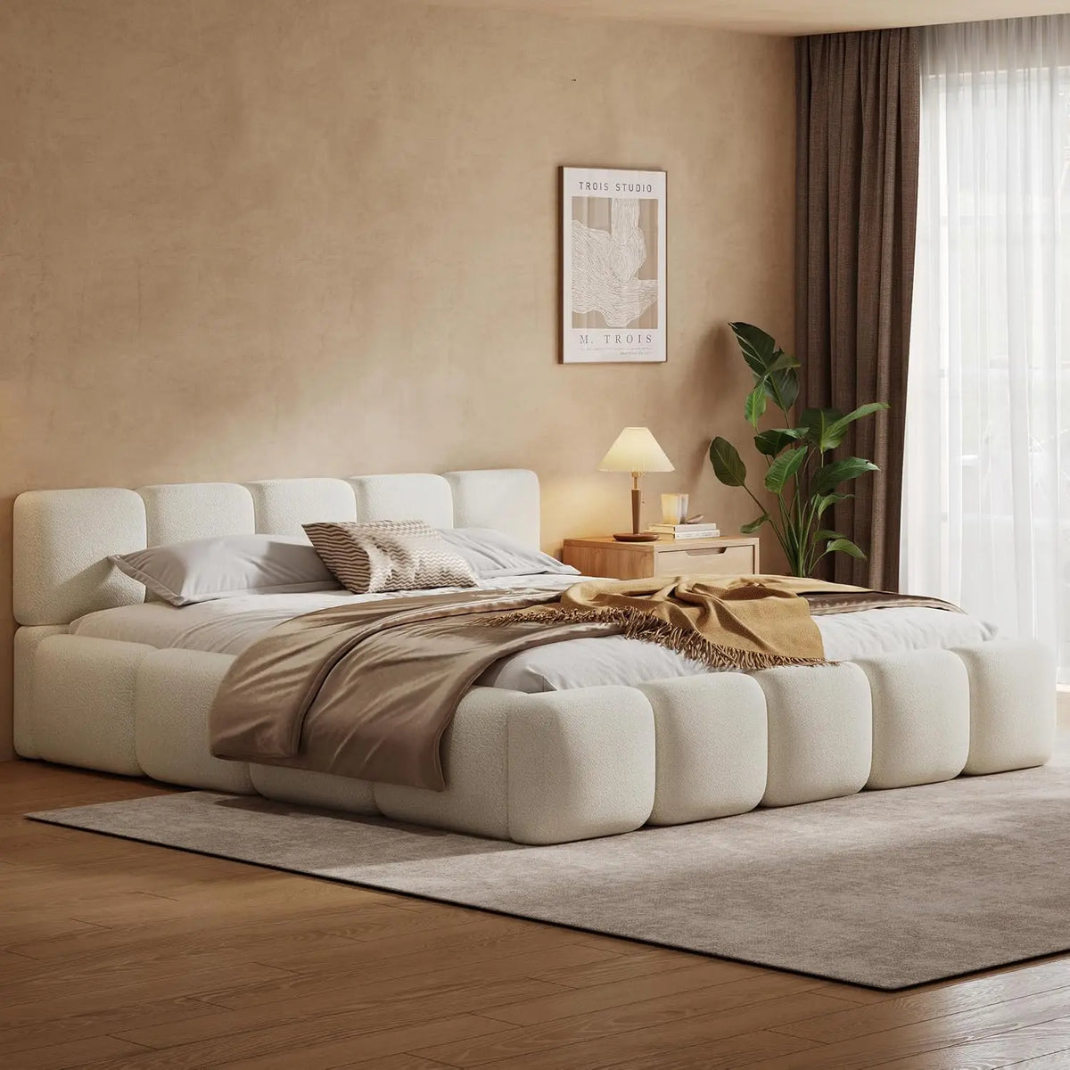 Boucle Upholstered Platform Bed — California King with Headboard