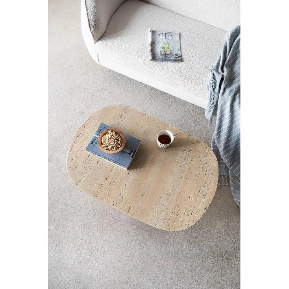 Travertine concrete oval coffee table for indoor or outdoor use