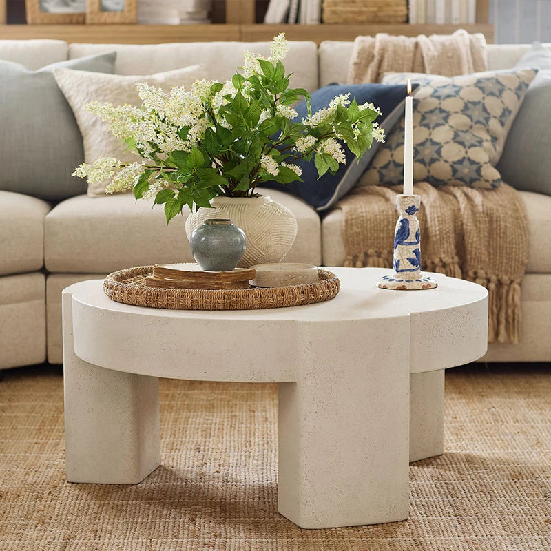 Cream Stone Round Coffee Table - French Minimalist