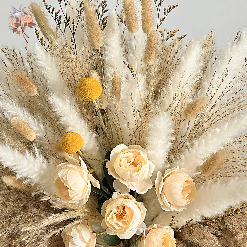 Faux Peony & Pampas Mix Bouquet — Dried-Look Boho Centerpiece