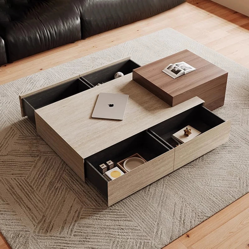Sculptural Wabi-Sabi Coffee Table - Travertine & Walnut