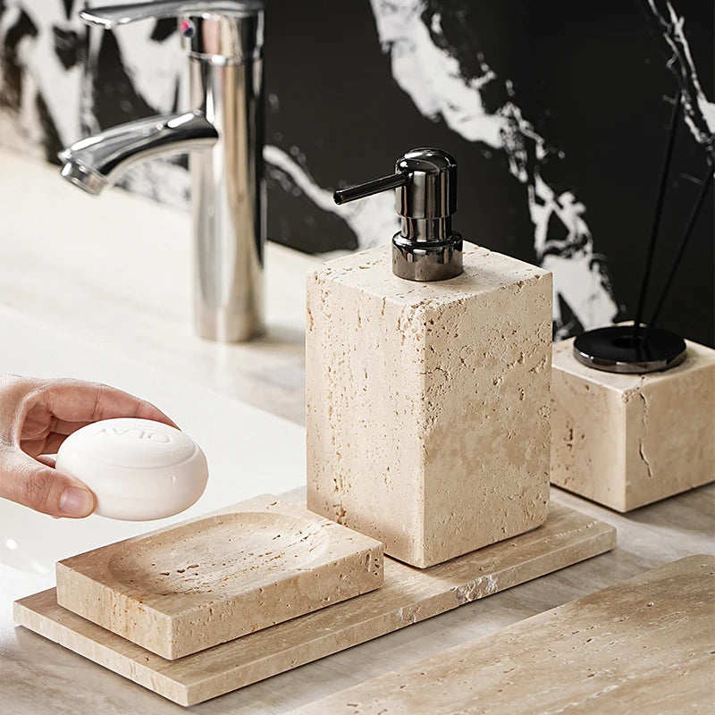 Beige Travertine Bathroom Accessory Set — 9-Piece