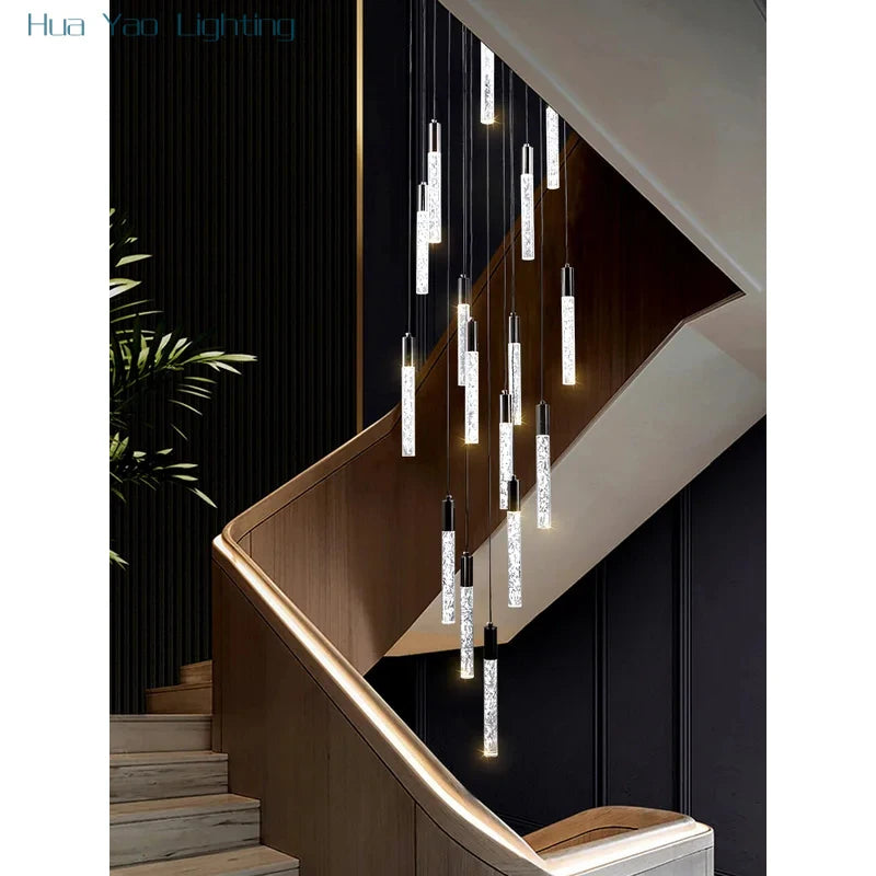 Minimalist cylindrical crystal staircase chandelier