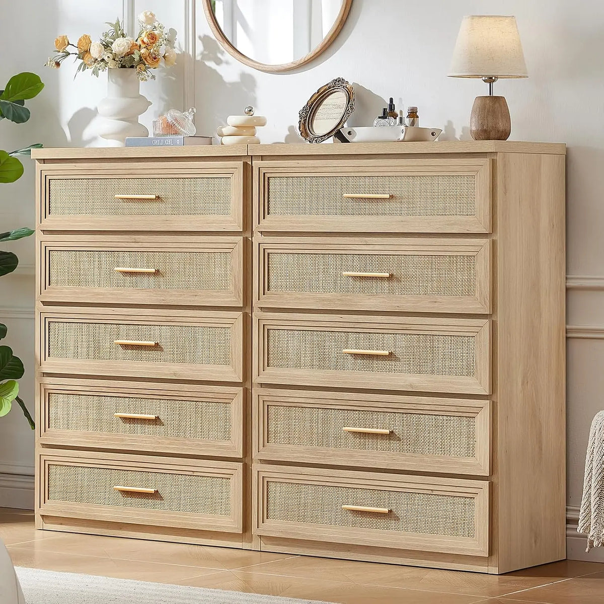 Rattan 5-Drawer Dresser — 45" Tall with Gold Handles