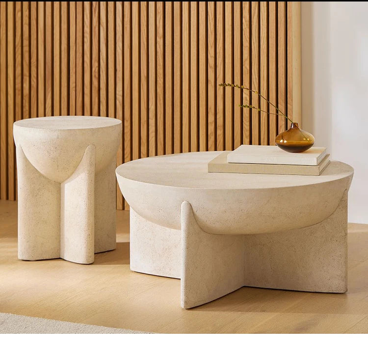 Outdoor Cream Stone Side Table - Weatherproof Modern