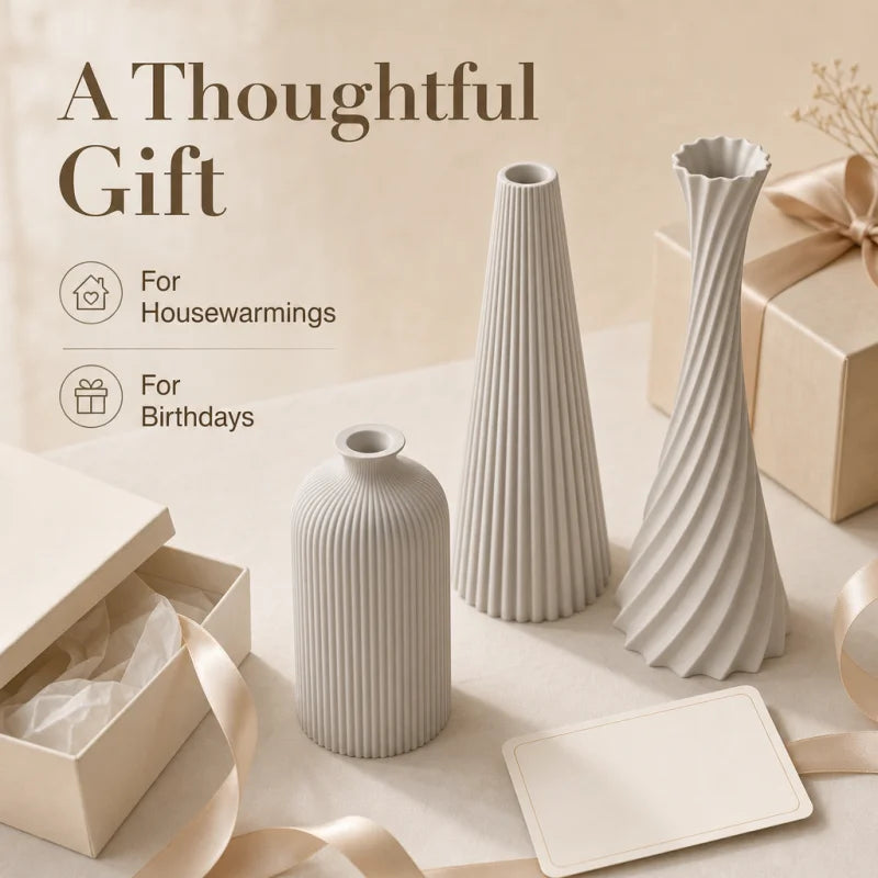 Ribbed Wabi-Sabi 3-Piece Vase Set — Matte Off-White
