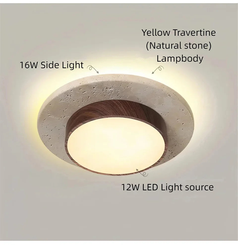 Retro Bedroom Ceiling Light Circular Stone LED Ceiling Lamp Walnut/wooden Balcony Hallway Living Room Indoor Light — room setting