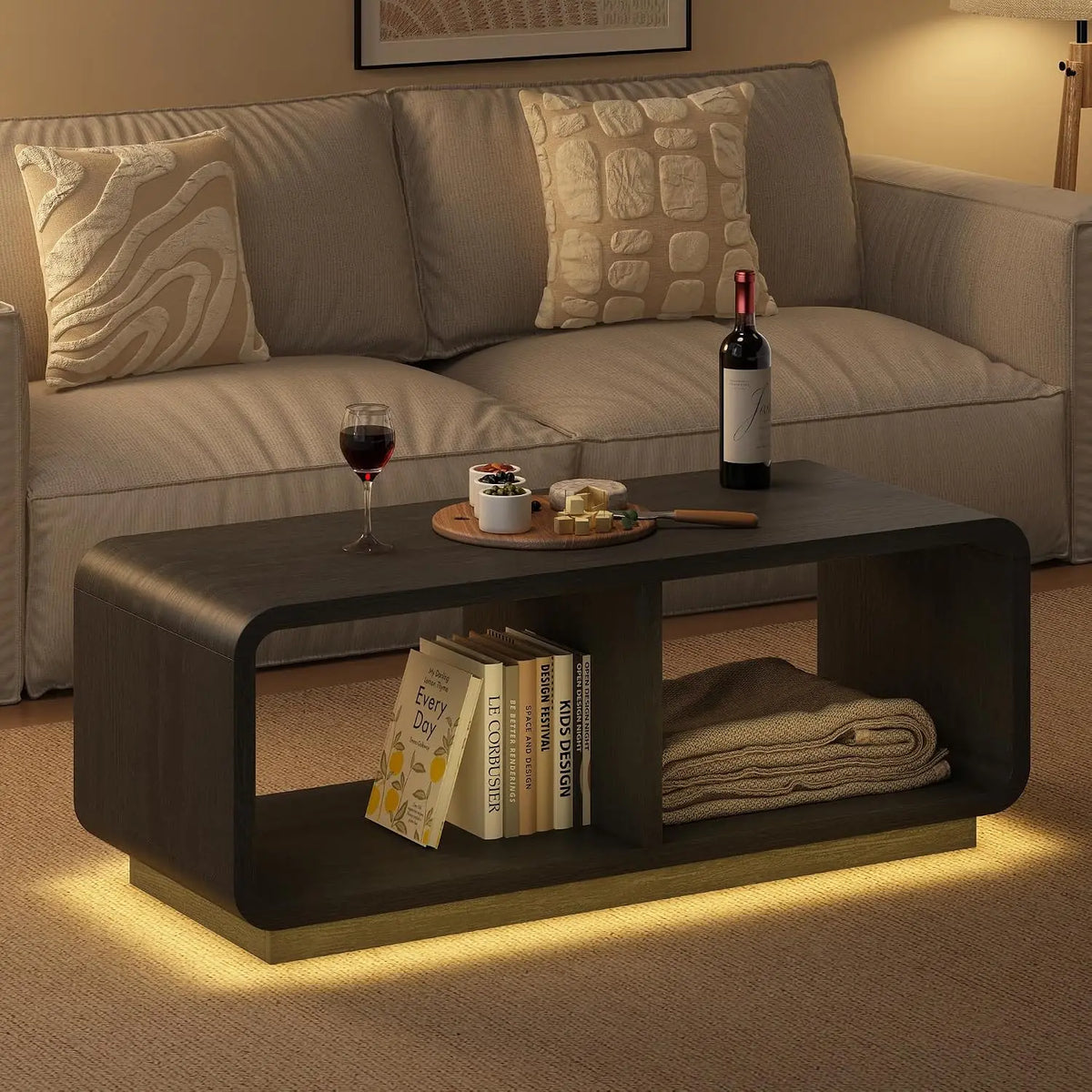 Mid-century coffee table with built-in LED light strip
