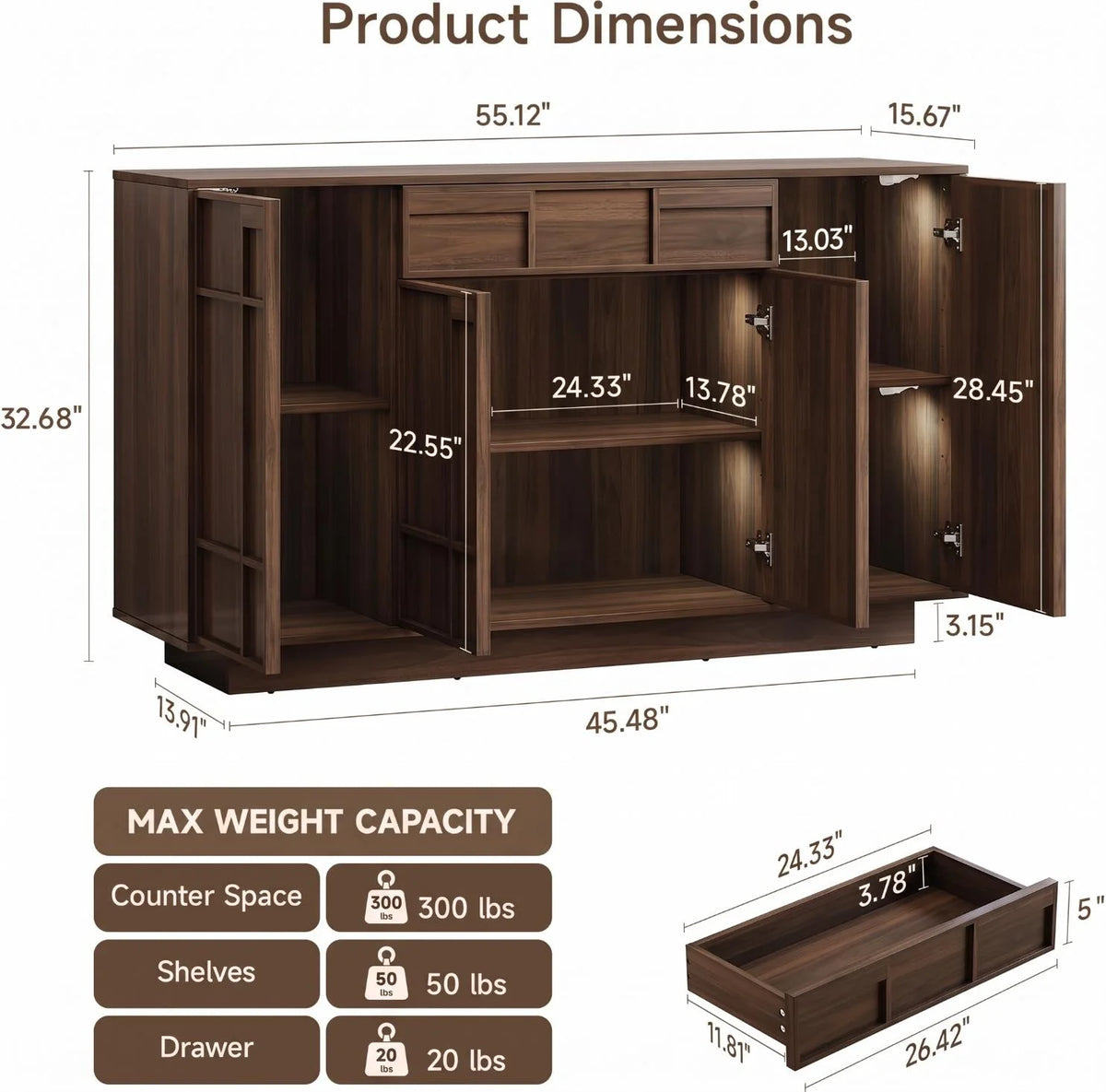 ONBRILL 55" Walnut Sideboard Buffet Cabinet with LED Lights