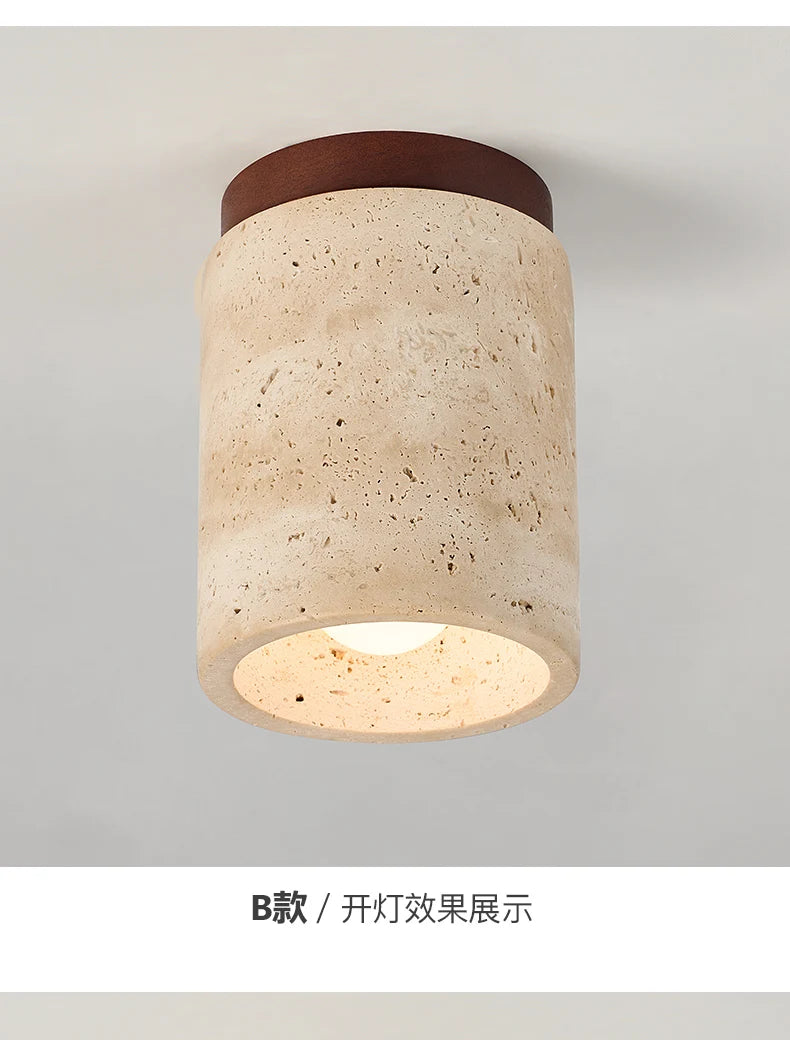 Wabi-Sabi Travertine Ceiling Lamp — Natural Stone & Wood Fixture