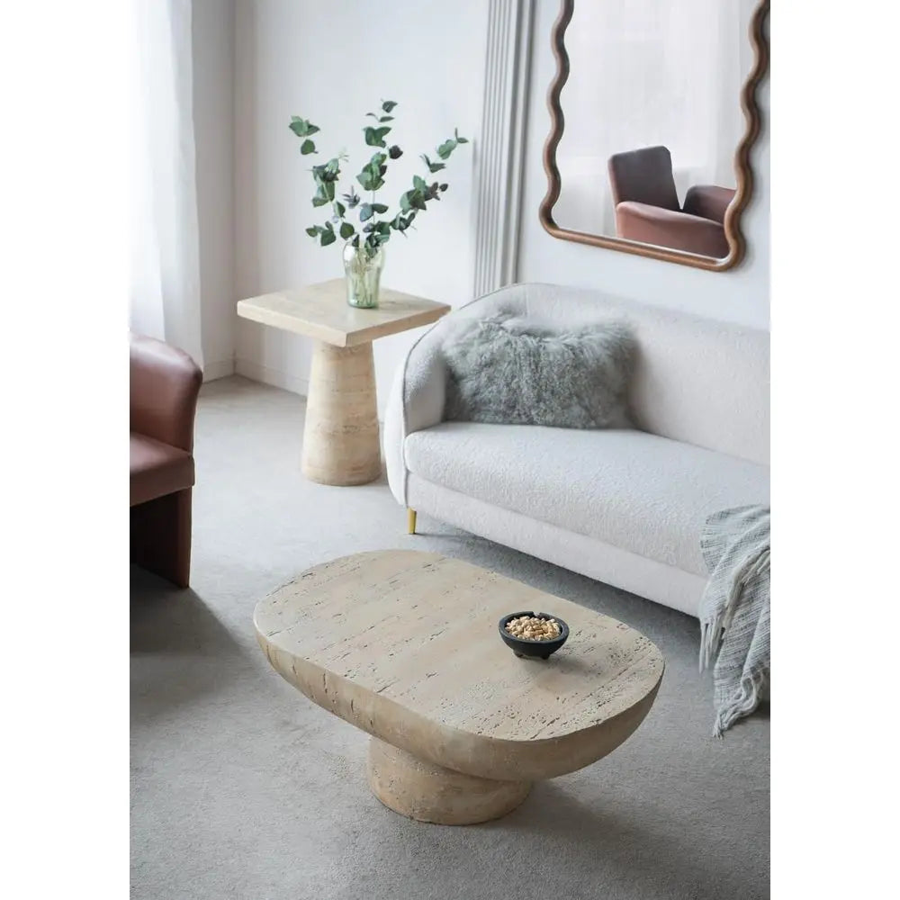 Travertine concrete oval coffee table for indoor or outdoor use
