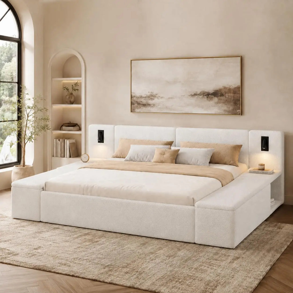 Upholstered king storage bed with LED headboard — main product view