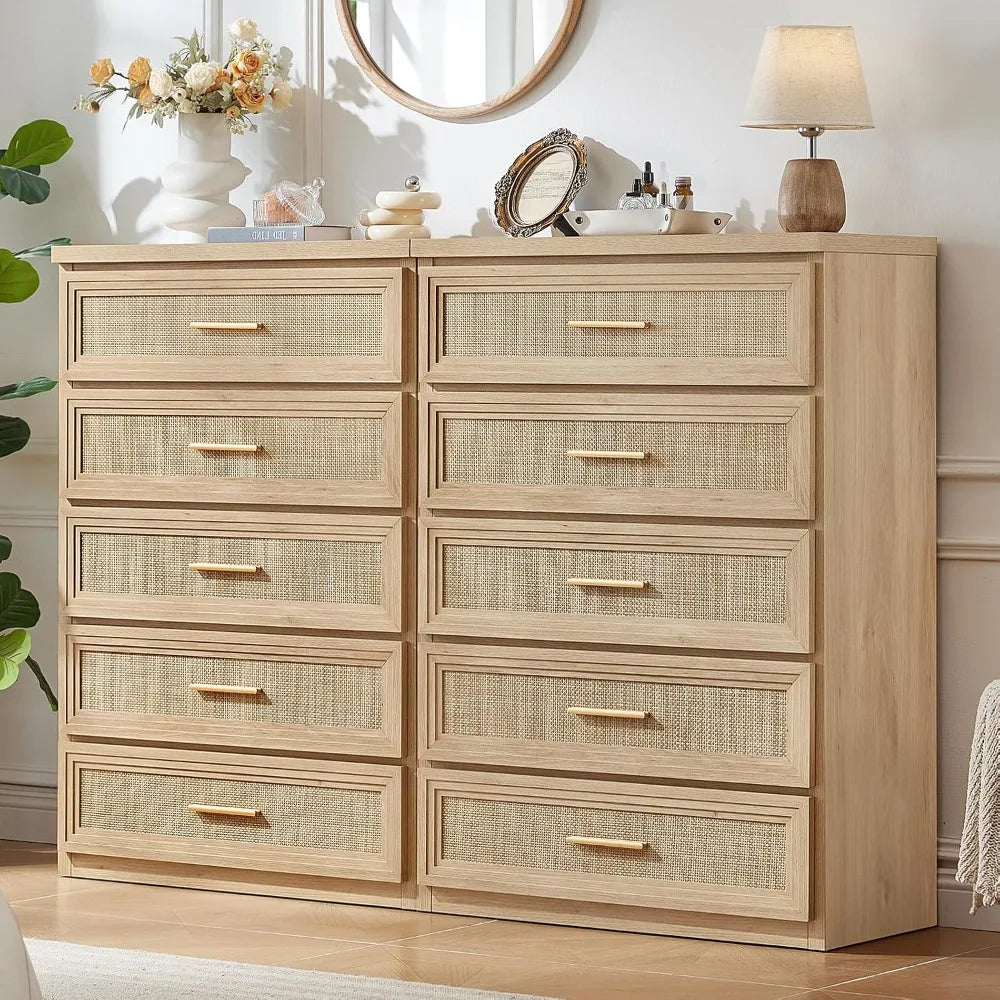Rattan 5-Drawer Dresser — 45" Tall with Gold Handles