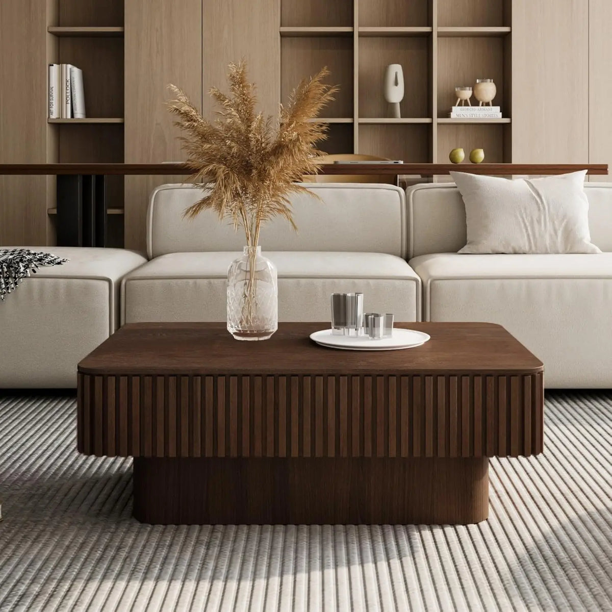 Rectangle Fluted Lift-Top Coffee Table with Storage