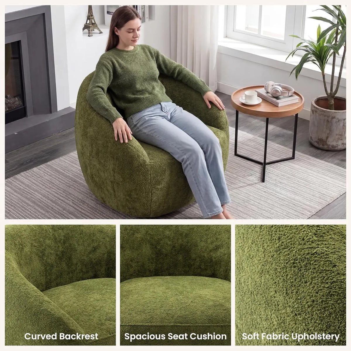Green Boucle Oversized Swivel Chair — 360° Base