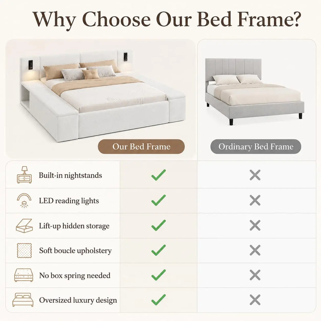 Upholstered king storage bed with LED headboard — alternate angle