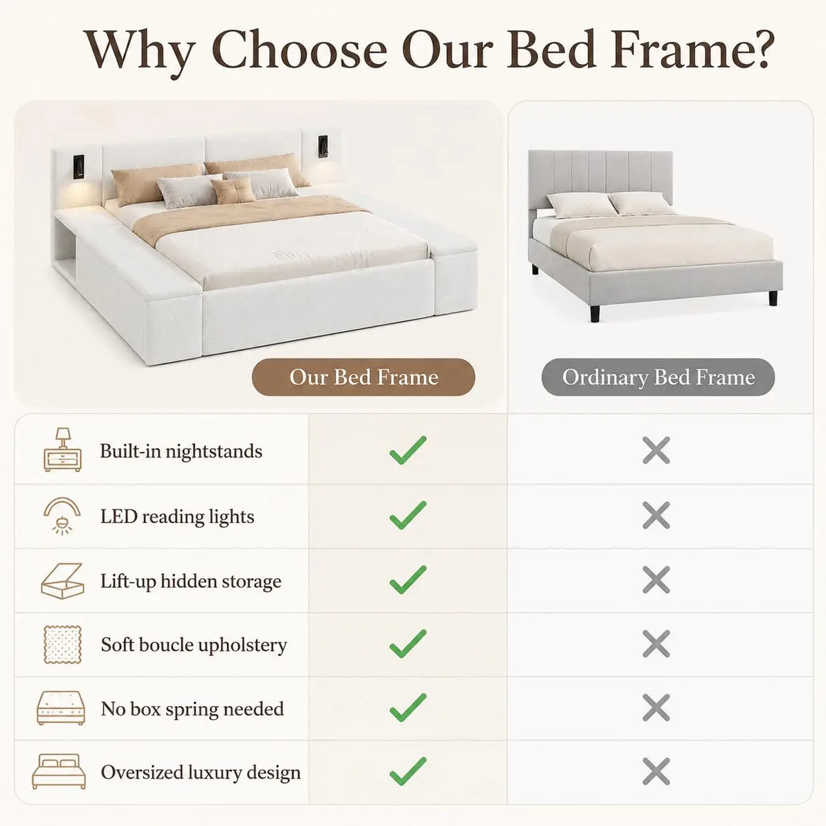 Upholstered king storage bed with LED headboard — alternate angle