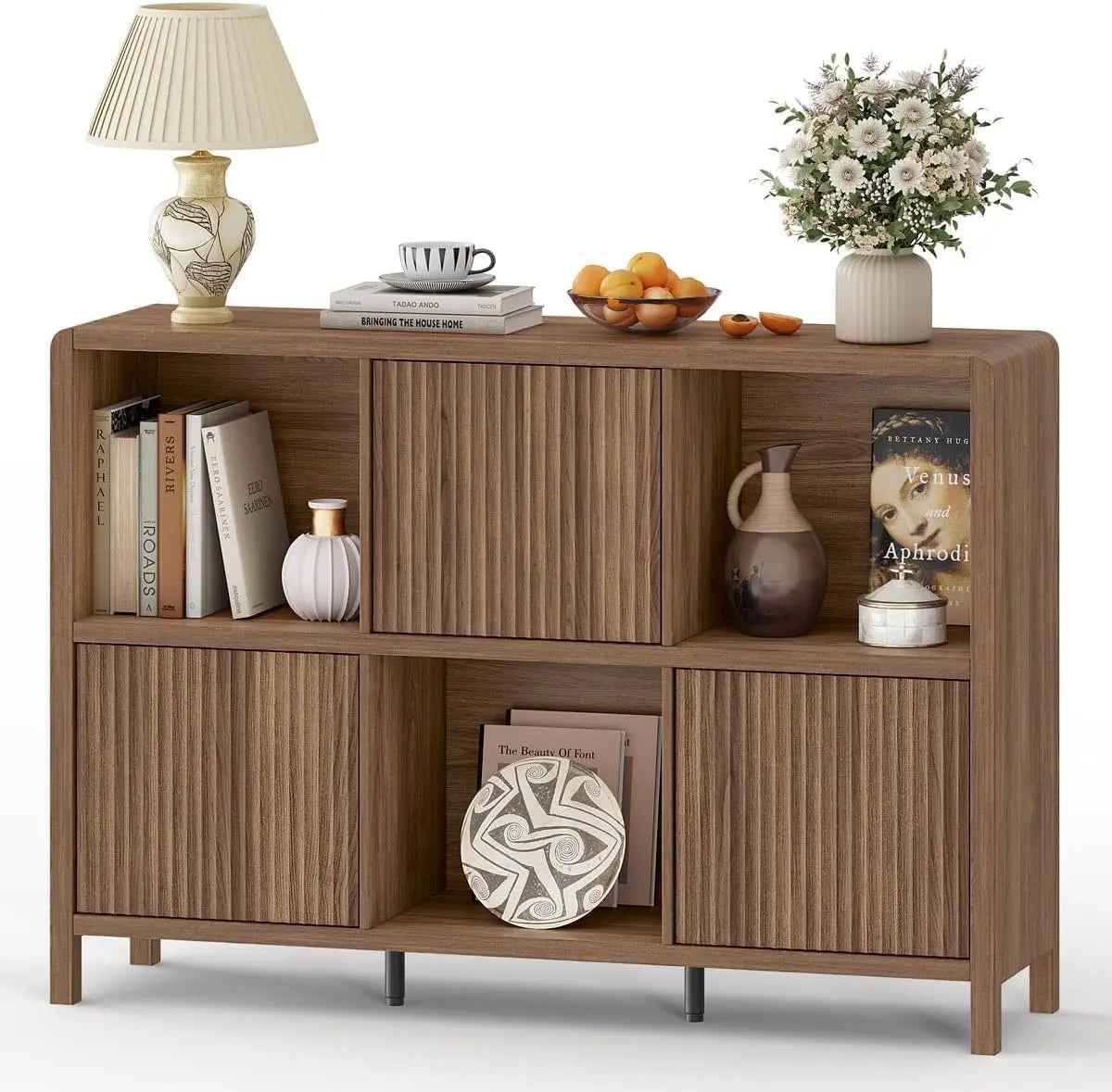 Three-door wood bookcase with cube storage in walnut finish