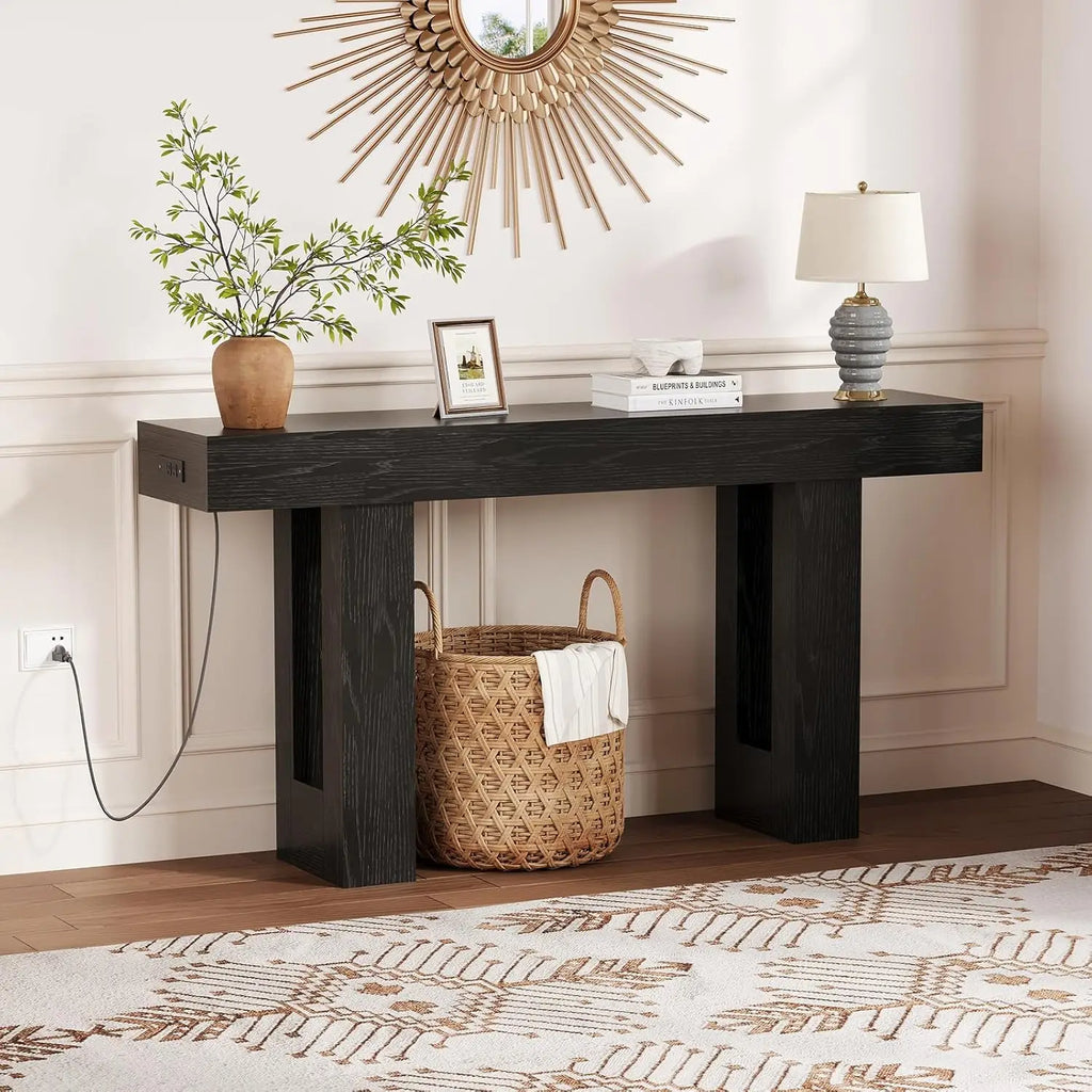 Console table with built-in power outlets in an entryway