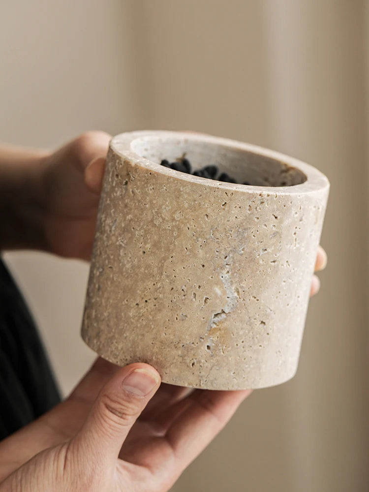 Travertine Cotton Swab Holder — Round Marble Jar, 3.5"