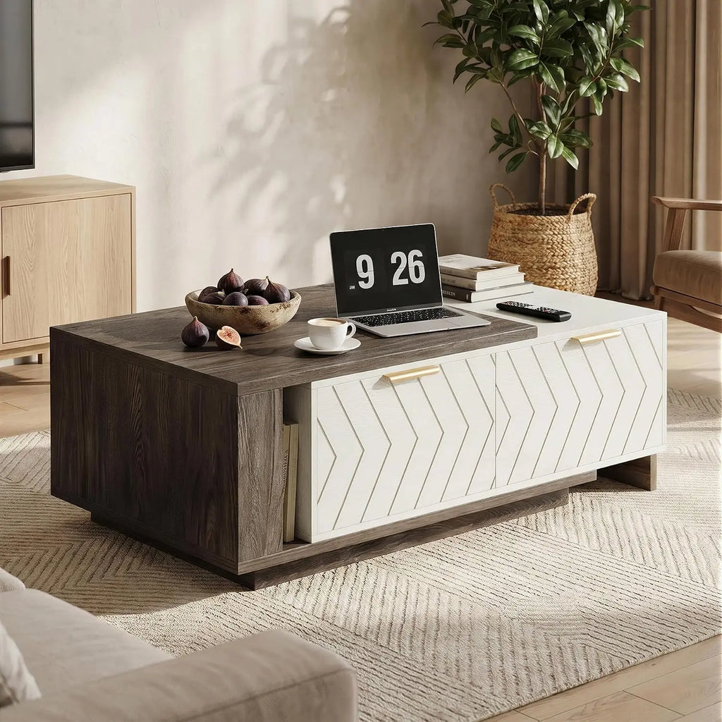 Extendable wood coffee table with storage drawers and open shelf