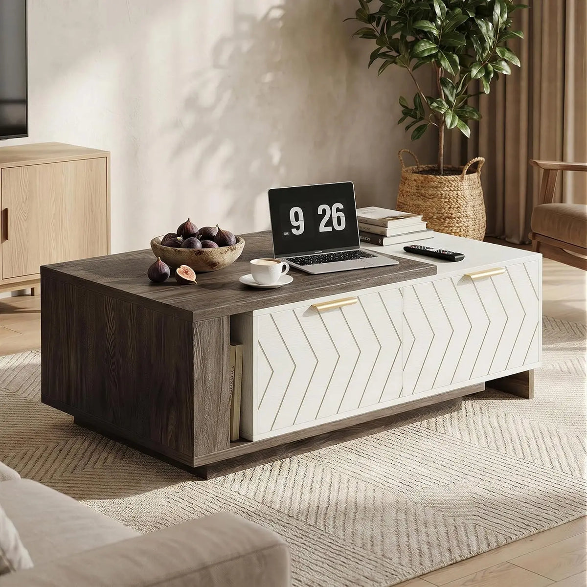 Extendable wood coffee table with storage drawers and open shelf
