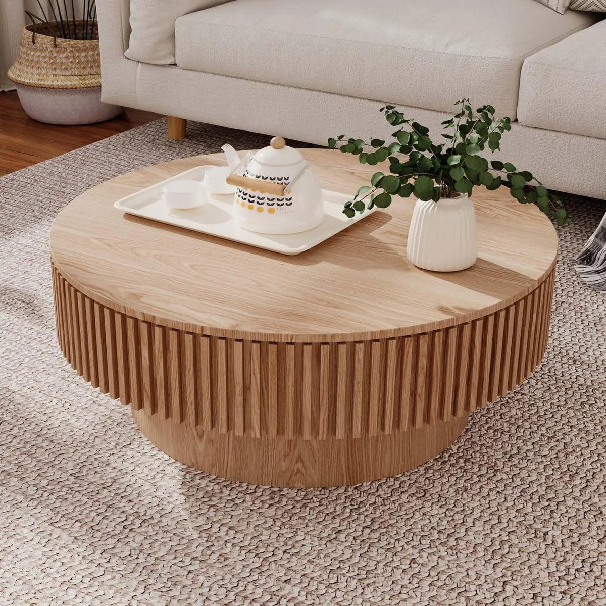 Round Storage Coffee Table - Modern Walnut