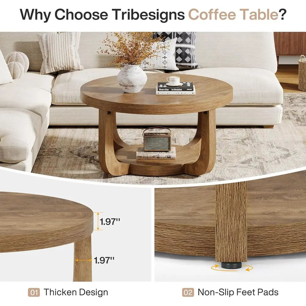 Two-tier round wooden coffee table with storage