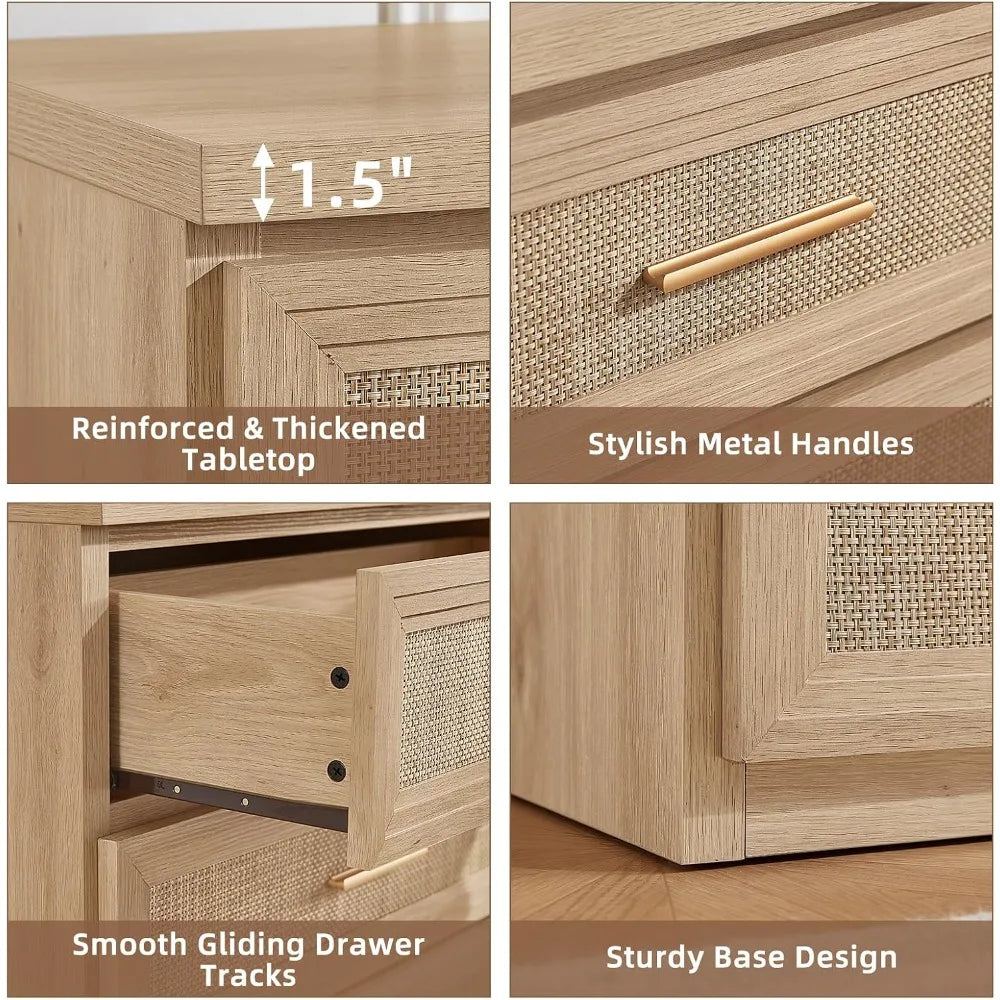 Rattan 5-Drawer Dresser — 45" Tall with Gold Handles