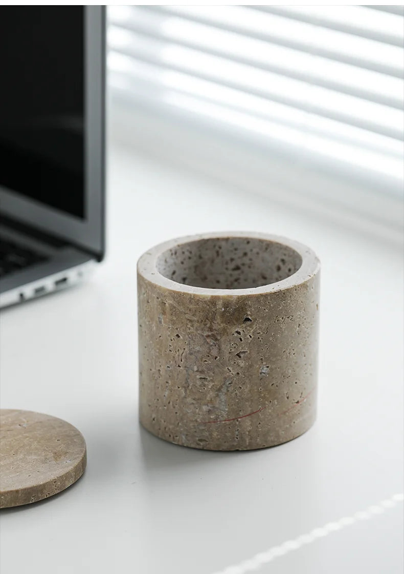 Travertine Cotton Swab Holder — Round Marble Jar, 3.5"