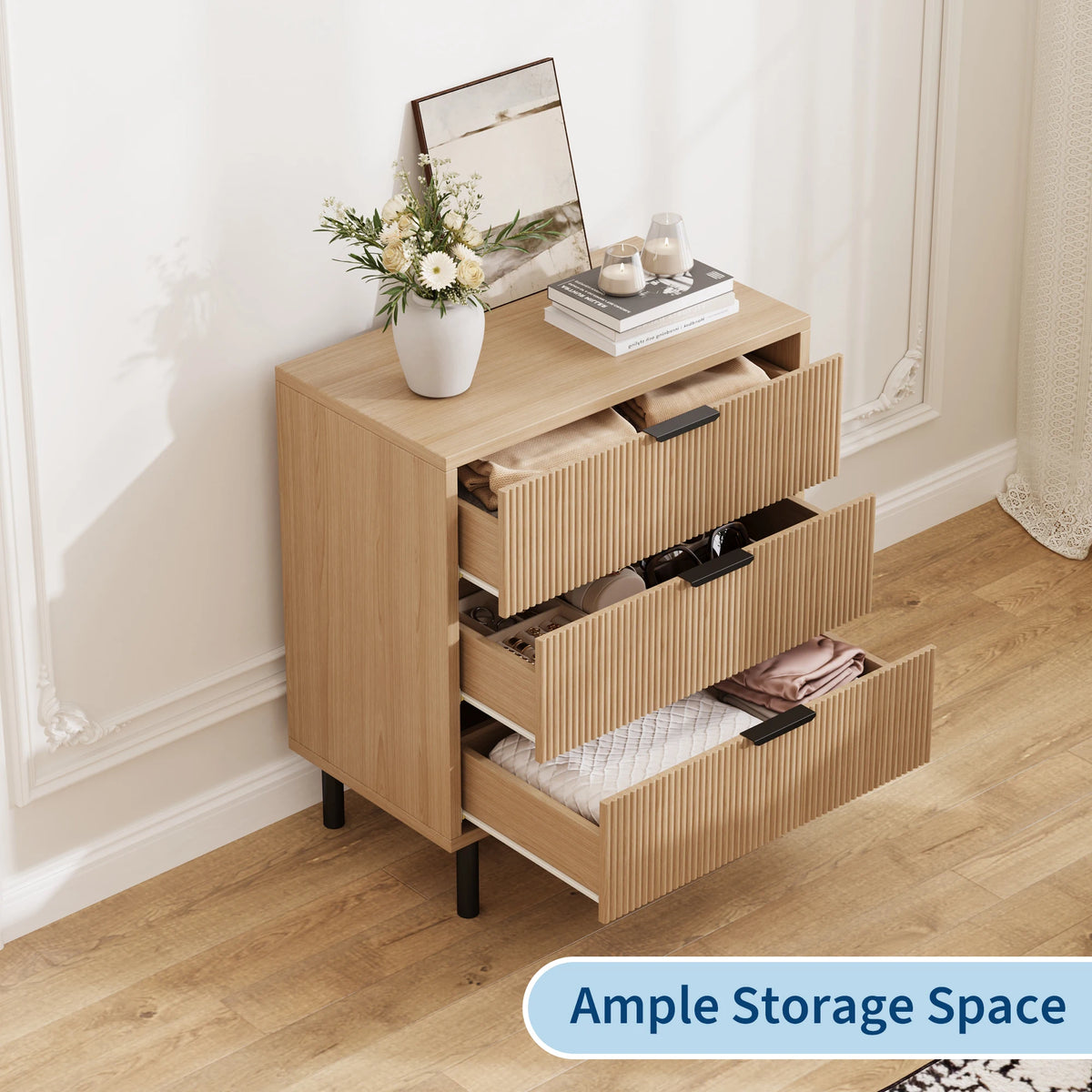 Fluted 3-Drawer Dresser — Modern Wood Bedroom Chest