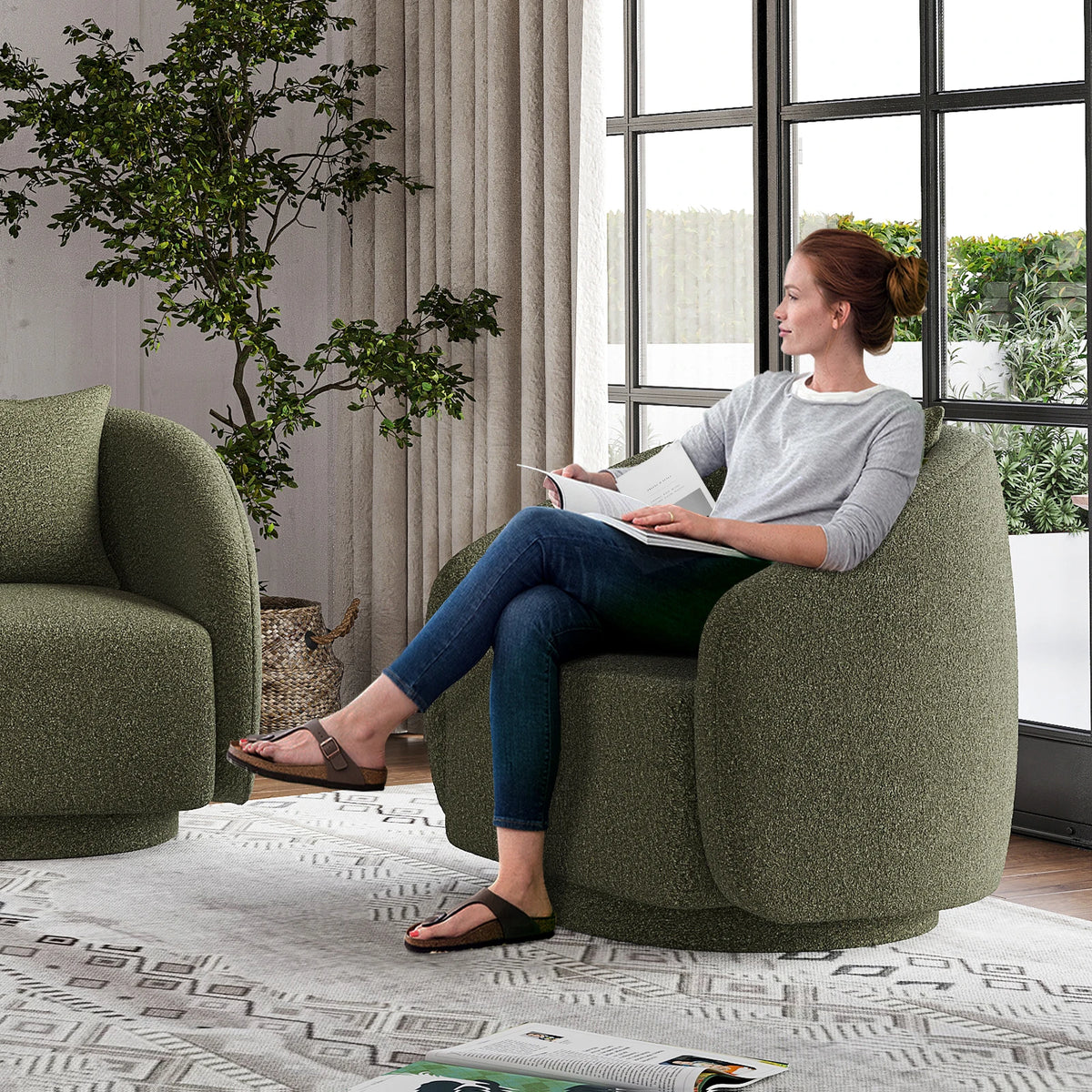 Swivel Barrel Chair with Back Pillow — Teddy Fabric Accent Chair