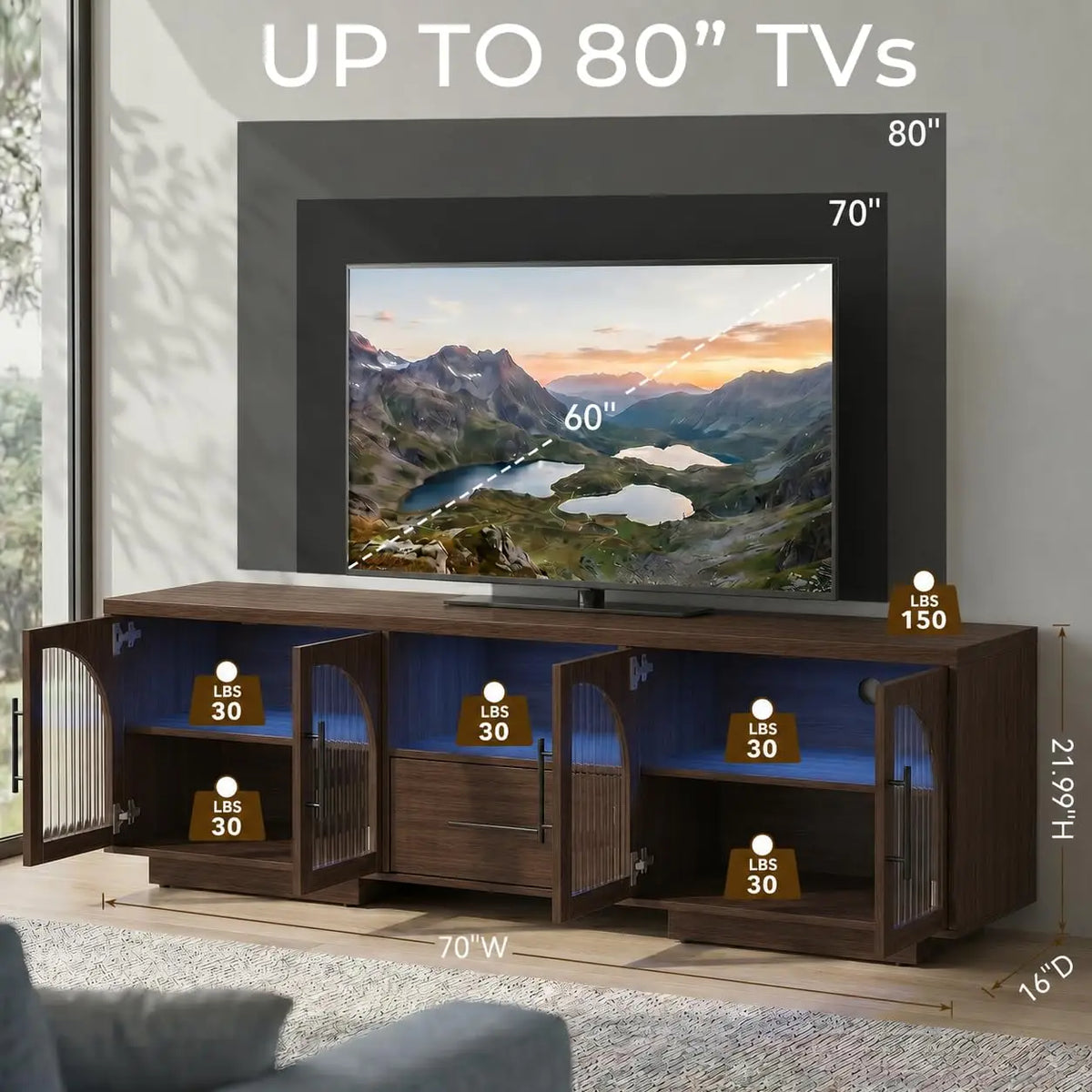 Mid-century LED TV console with built-in lighting