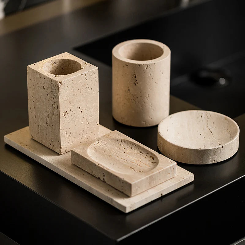Beige Travertine Bathroom Accessory Set — 9-Piece