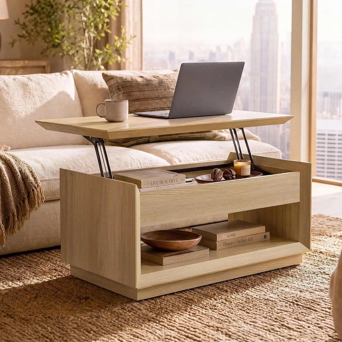 Lift-top storage coffee table with natural wood finish in a living room setting