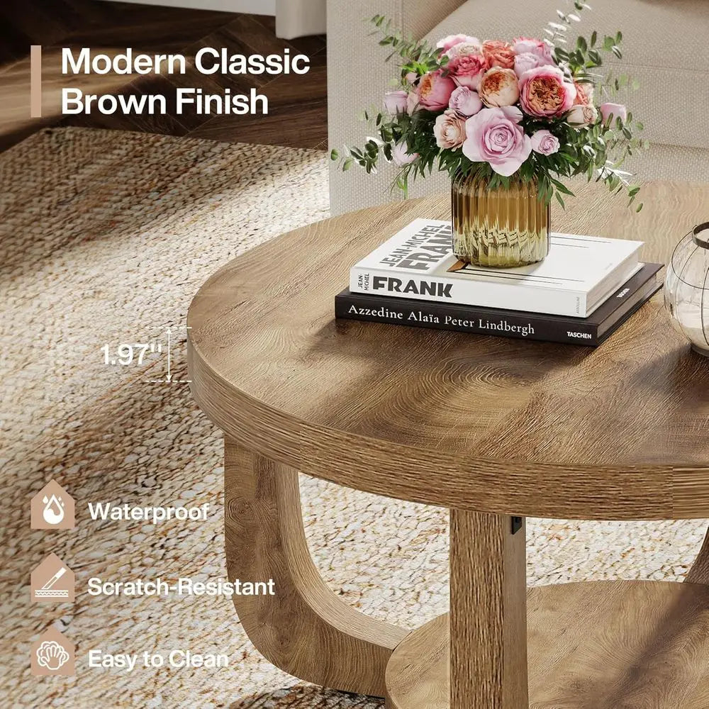 Two-tier round wooden coffee table with storage