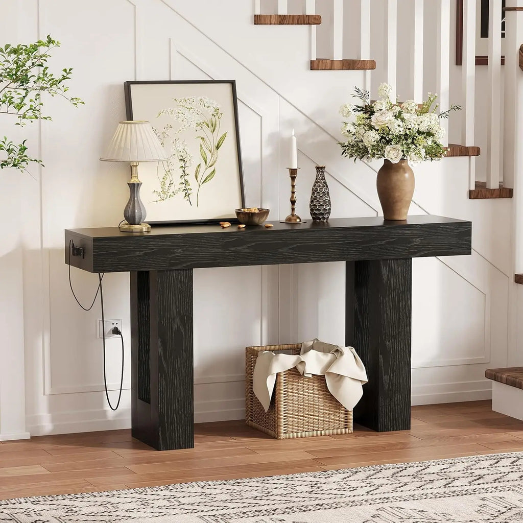 Console table with built-in power outlets in an entryway
